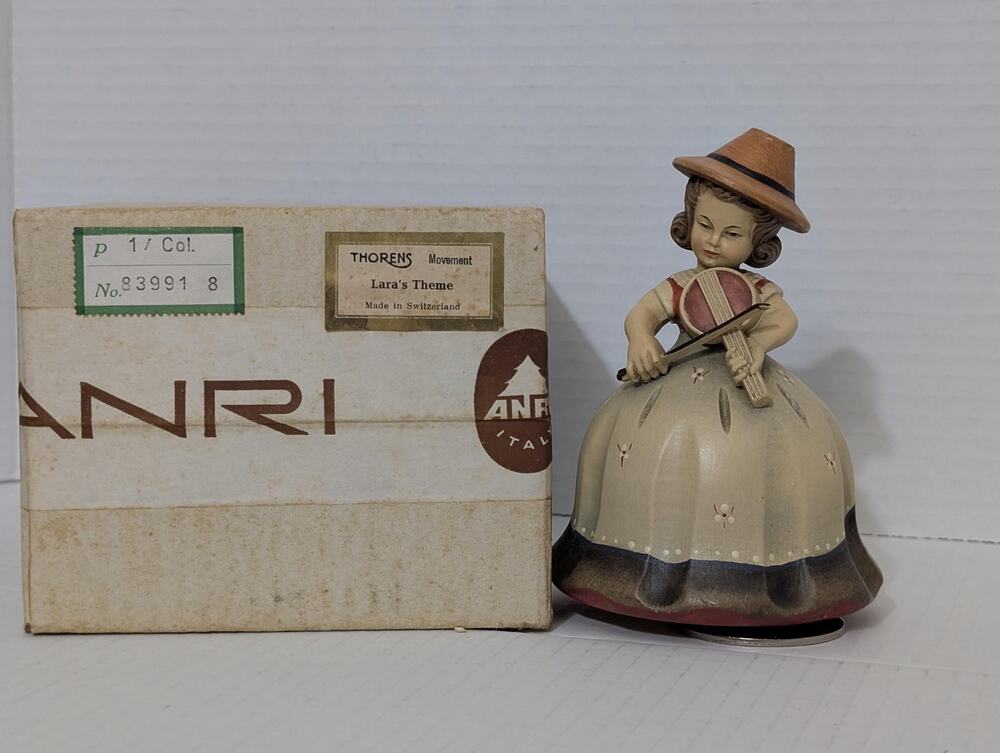 Vintage ANRI Italy Wood Carved Girl Music Box Thorens Laras Theme Boxed